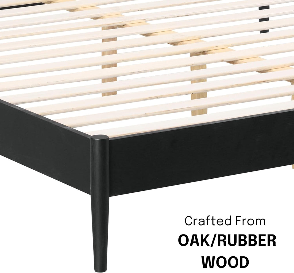 NTC Lupin Wooden Bed Frame with Headboard and Natural Rattan, Solid Oak Foundation with Silent Slats, 1000 Lb Capacity, Effortless Assembly, Queen - Burnt Black
