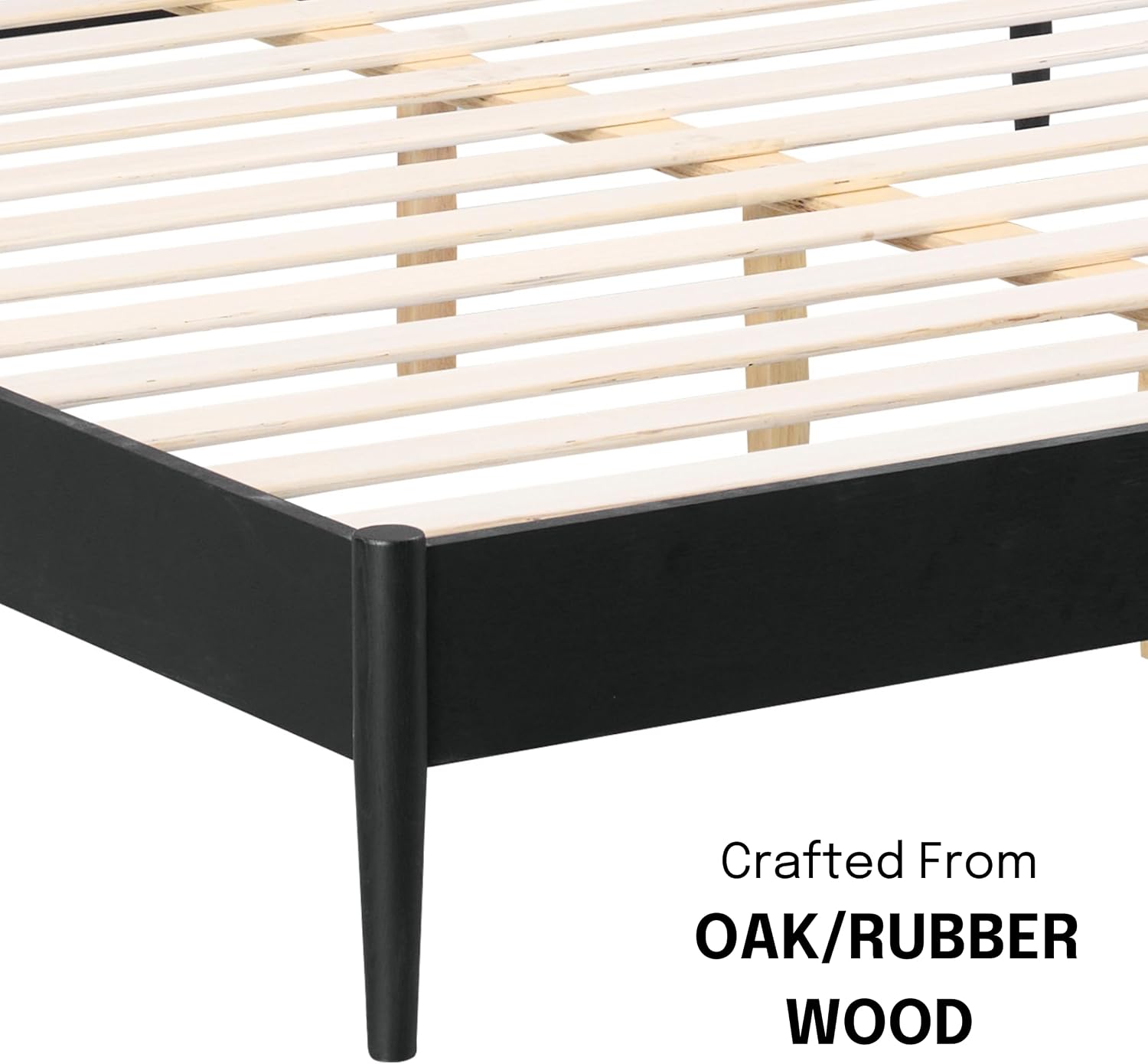 NTC Lupin Wooden Bed Frame with Headboard and Natural Rattan, Solid Oak Foundation with Silent Slats, 1000 Lb Capacity, Effortless Assembly, Queen - Burnt Black