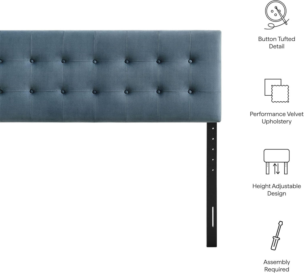 Modway Emily King Size Performance Velvet Headboard in Cadet Blue - Stain-Resistant Velvet Upholstery with Button Tufting and 7 Adjustable Height Positions