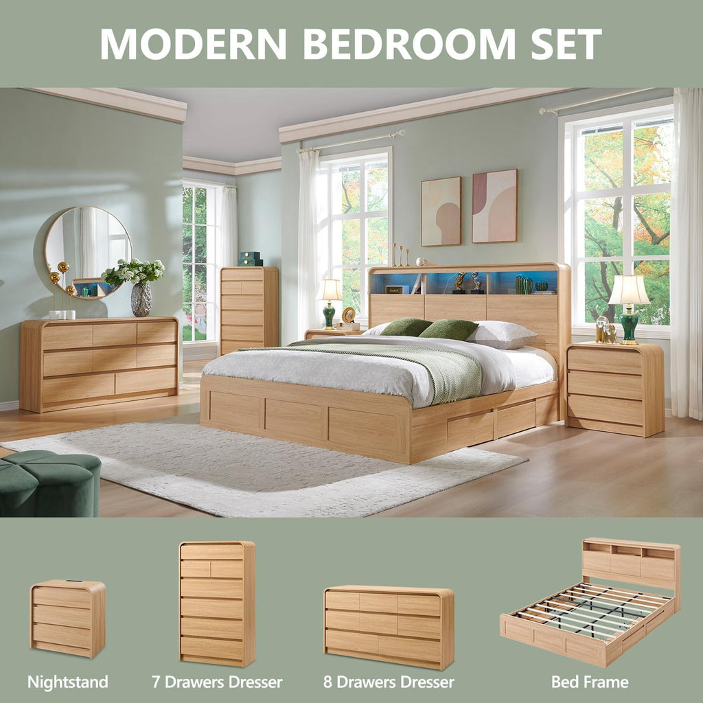 Aitjunz 25" Tall Modern Nightstand with Charging Station, 23.6'' Wide Wood Bedside Table w/3 Storage Drawers, Small Dresser w/Curved Profile Design, End Table for Bedroom, Natural Oak