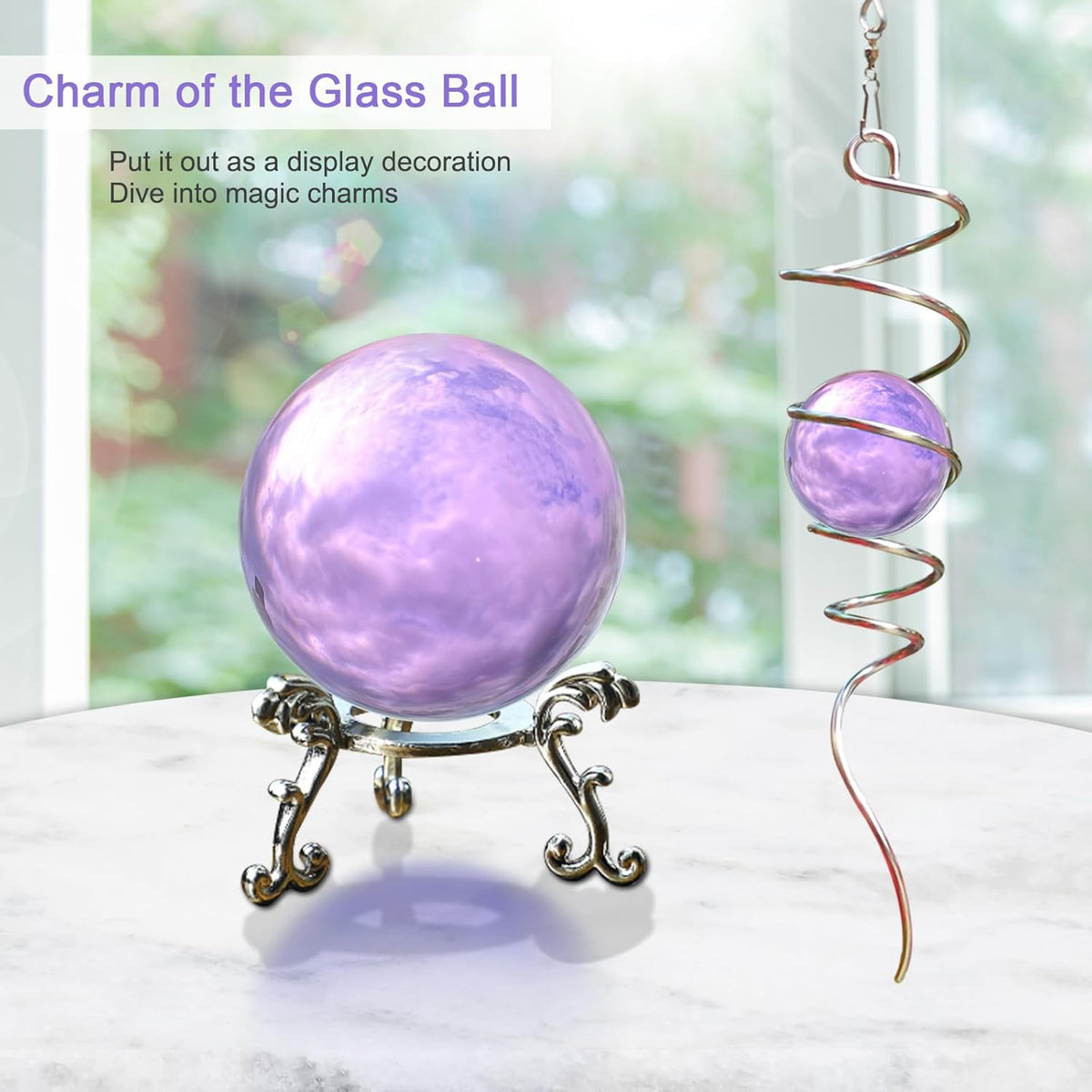 Gazing Ball Spiral Tail with Purple Glass Orb, Wind Spinners Stabilizer, Stainless Steel Wind Spinner Tail, Outdoor Décor, Hanging Garden Sculptures Decoration Ornament 13inch Height