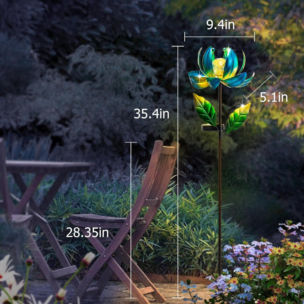 Solar Yard Lights Wind Spinners- Metal Lotus Flower Garden Decor LED Crackle Glass Globe Yard Art Sculpture Solar Stake Lights for Patio Pathway Lawn Walkway