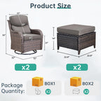 Outdoor Swivel Rocker Patio Chairs with 2 Ottomans - 5" Thick Cushion 4 Piece Furniture Set All Weather Comfortable Wicker Conversation Set for Porch Poolside and Deck - Brown/Gray