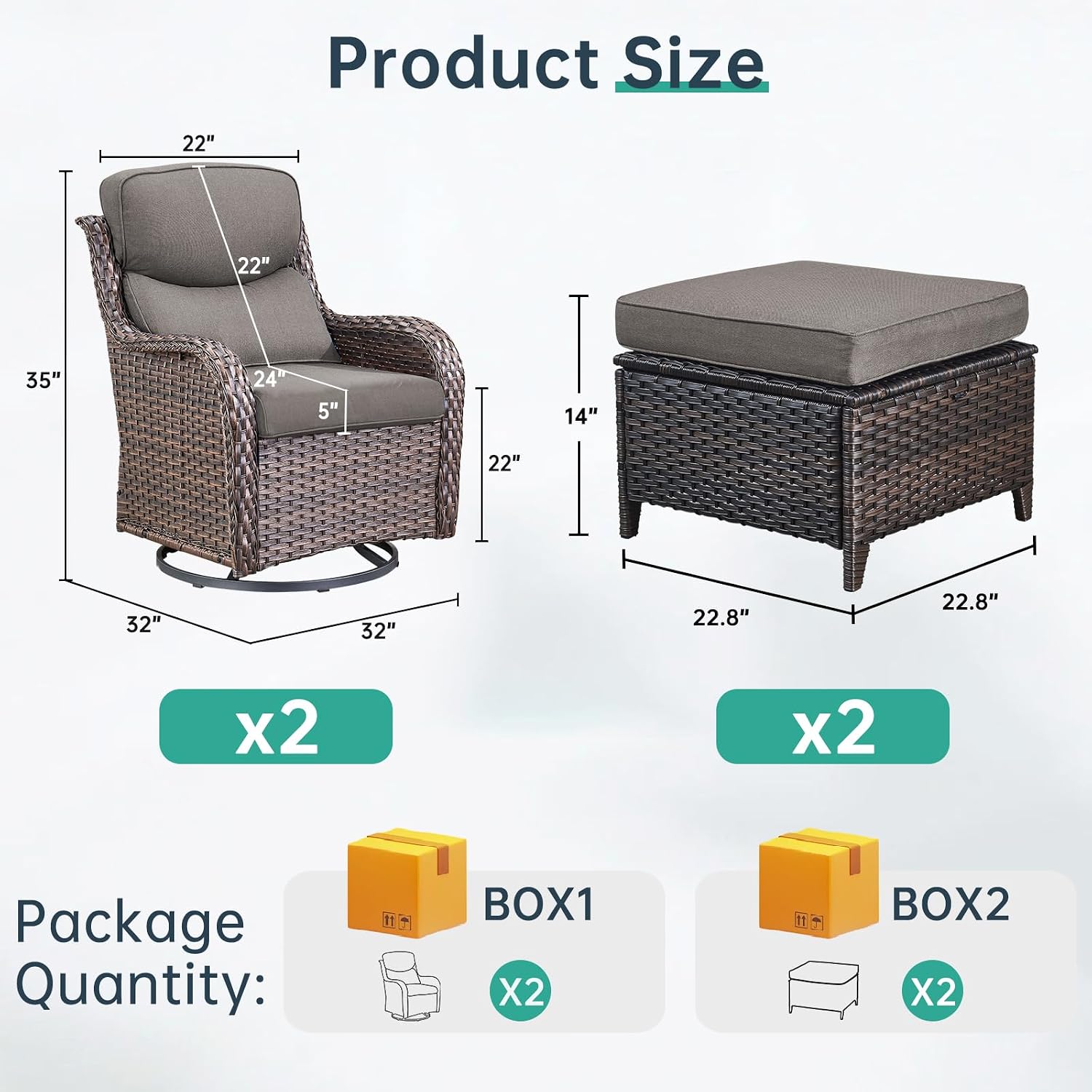 Outdoor Swivel Rocker Patio Chairs with 2 Ottomans - 5" Thick Cushion 4 Piece Furniture Set All Weather Comfortable Wicker Conversation Set for Porch Poolside and Deck - Brown/Gray