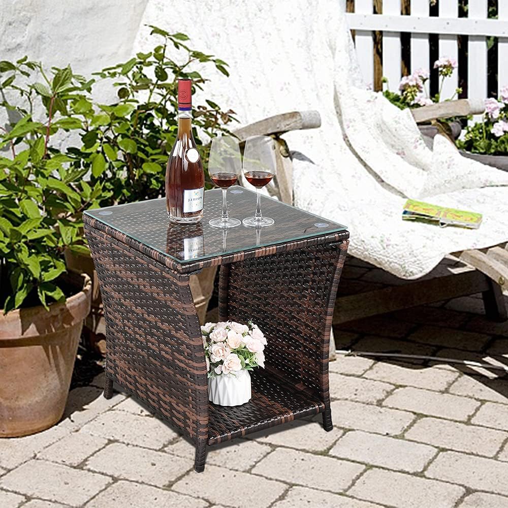 VINGLI Outdoor Wicker Side Table Patio Side Tables for Outside, Tempered Glass Top Wicker Table with Storage End Table for Balcony Porch Deck (Brown)