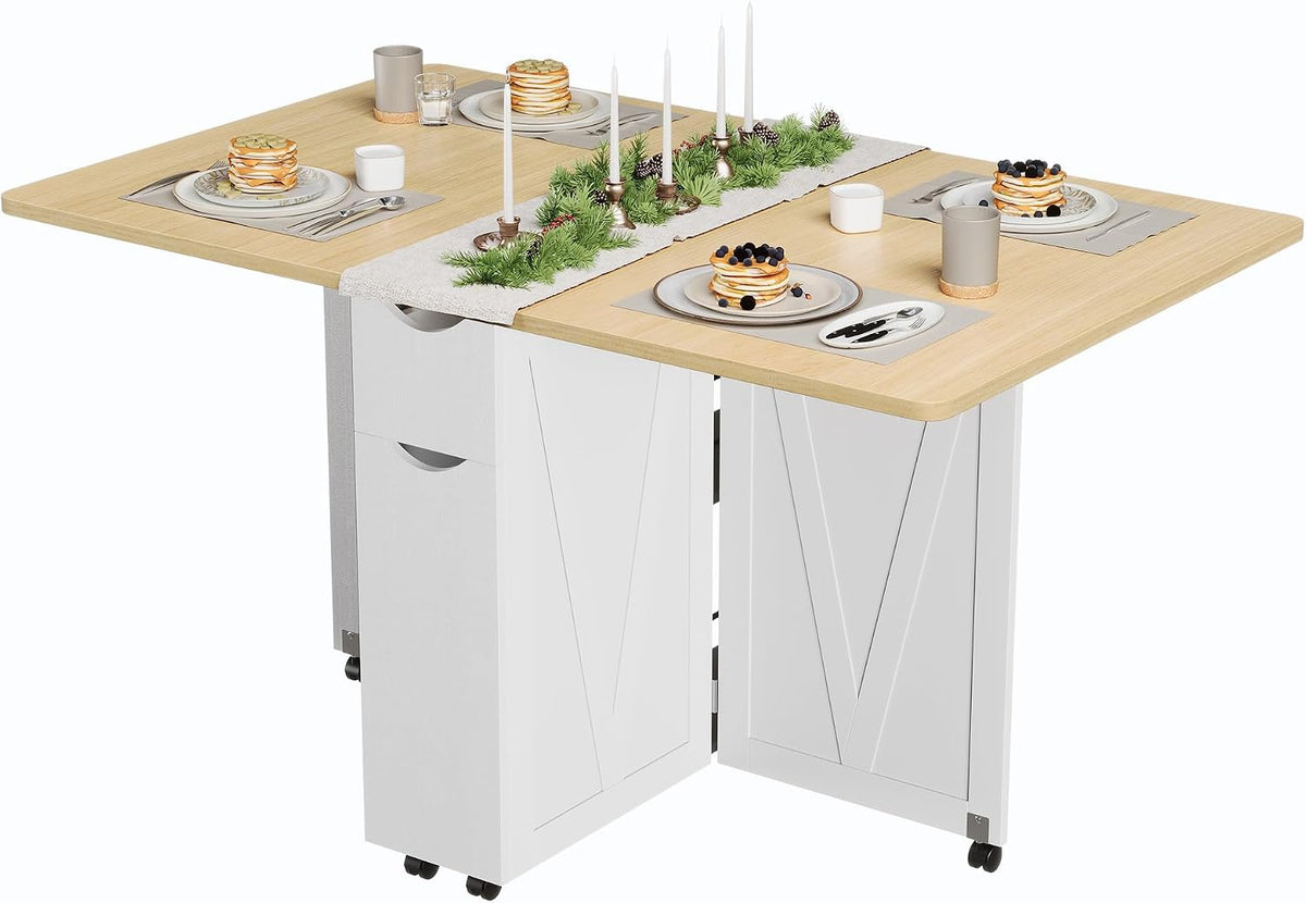 Garvee Folding Dining Table with Storage, Folding Kitchen Table with 6 Wheels, Drawer & Shelves, Compact Dining Table for Small Spaces