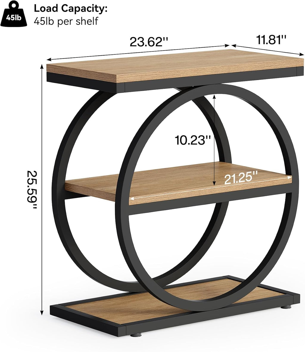 LITTLE TREE 3-Tier End Table, Side Table with Storage Shelves, Small Sofa Side Table for Living Room, Wooden Side End Table with Double Round Metal Legs, Slim Nightstand and Bedside Table, Oak