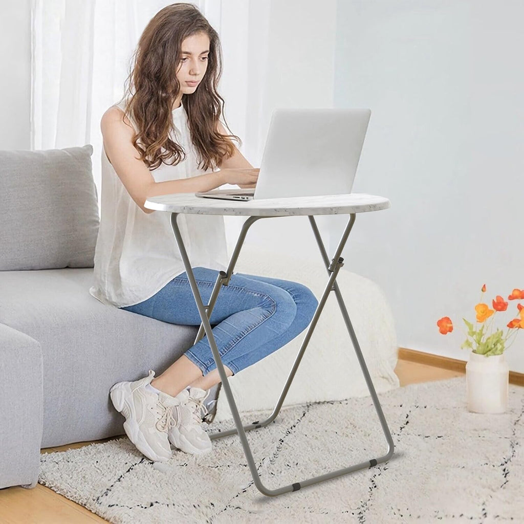 TV Trays Table Set of 4 Round Portable Folding TV Tray Table TV Dinner Tray with Sturdy MDF, No Assembly Required, 17.5 x 17.5 x 26 in (White Marble, 4Pcs)