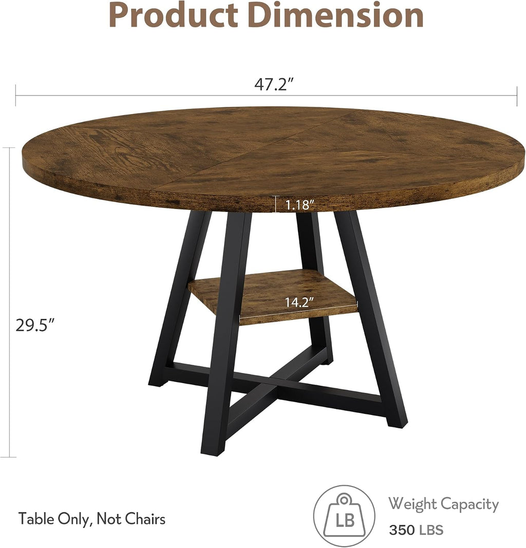 GAOMON 47" Round Dining Table for 4-6 People | Wooden Circle Kitchen Table with Storage Shelf, Industrial Dining Room Table for Kitchen, Dining Room, Save Space