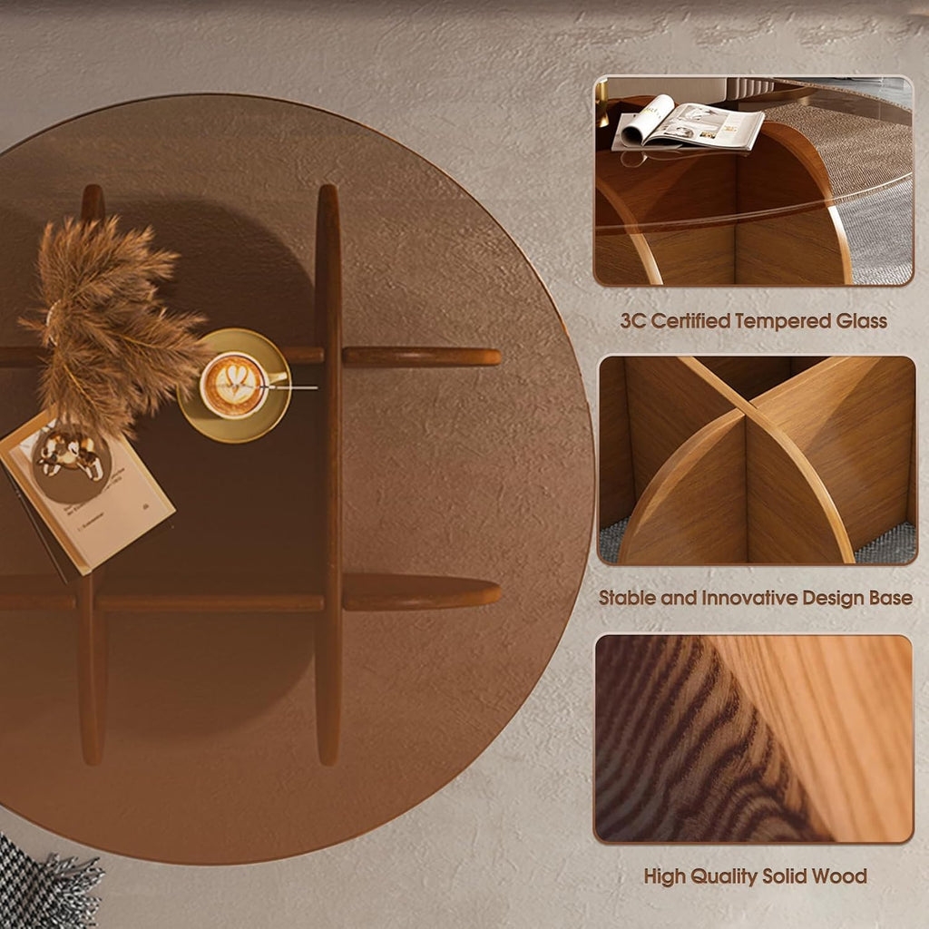 Modern Round Coffee Table with Solid Wood Legs,31.5'' Glass Coffee Tables for Living Room Rustic Circle Center Cocktail Table with Tempered Glass-Top,for Small Spaces, Unique