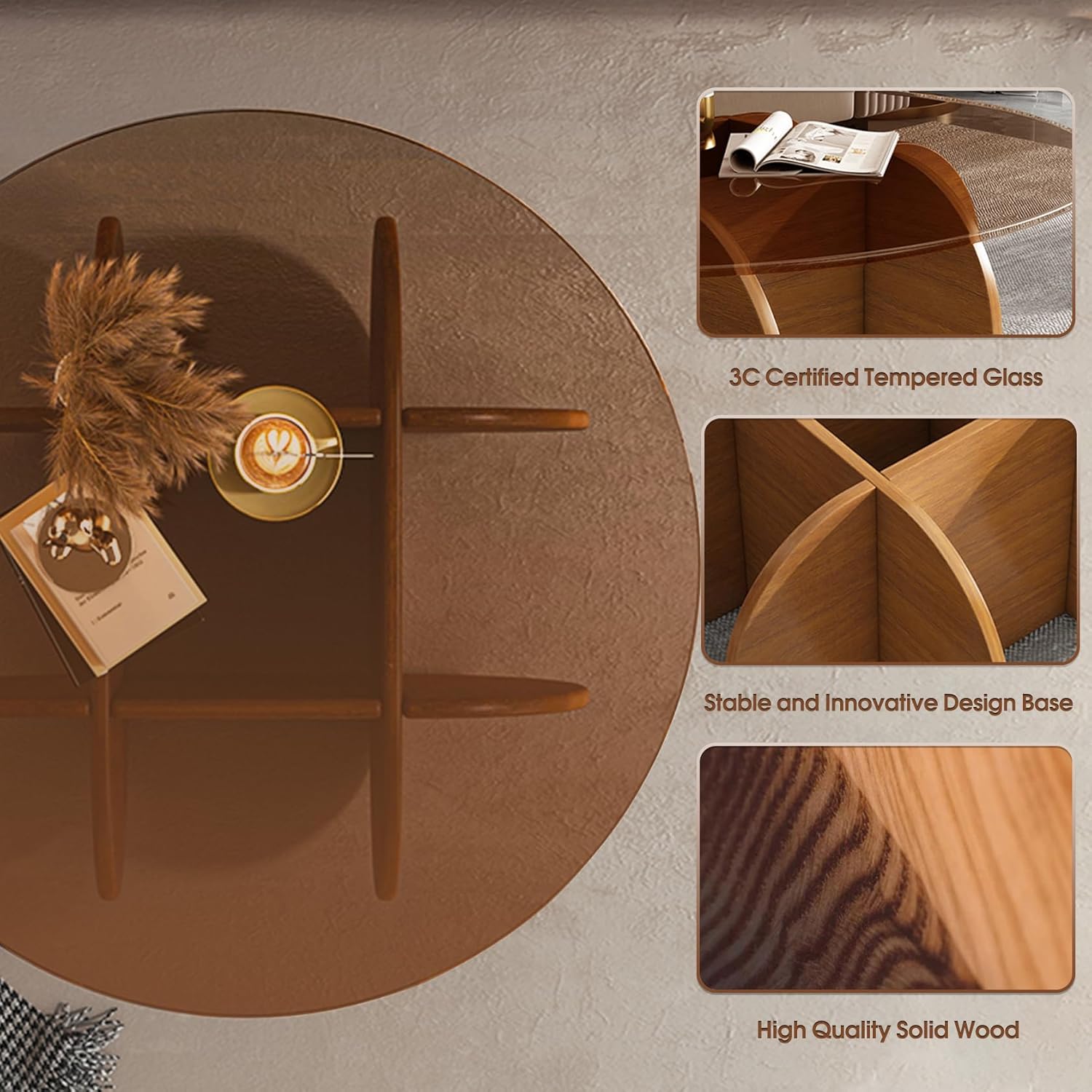 Modern Round Coffee Table with Solid Wood Legs,31.5'' Glass Coffee Tables for Living Room Rustic Circle Center Cocktail Table with Tempered Glass-Top,for Small Spaces, Unique