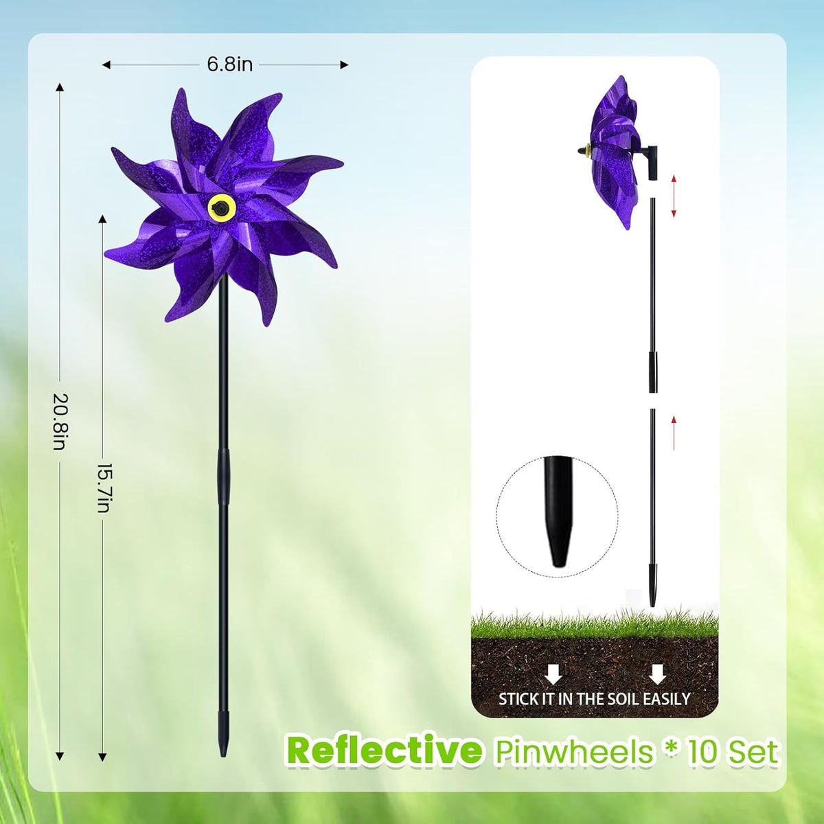 10 PCS Reflective Pinwheels for Yard and Garden Bird Devices Pre-Installed Sparkly Wind Spinner Deterrent to Scare Birds Away from Yard Patio Farm (Purple)