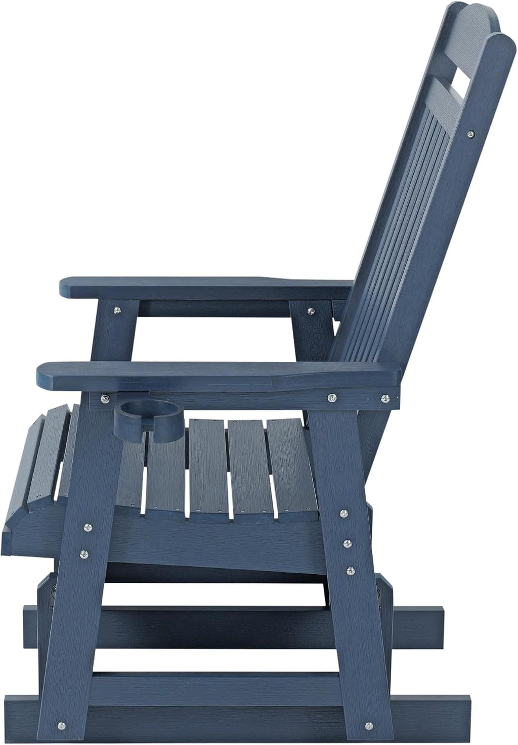 Poly Lumber Patio Glider for One Person, with Cup Holders, High Backrest and Deep Contoured Seat, HIPS Material, All-Weather Resistant, Heavy Duty 700 LBS (Navy Blue)