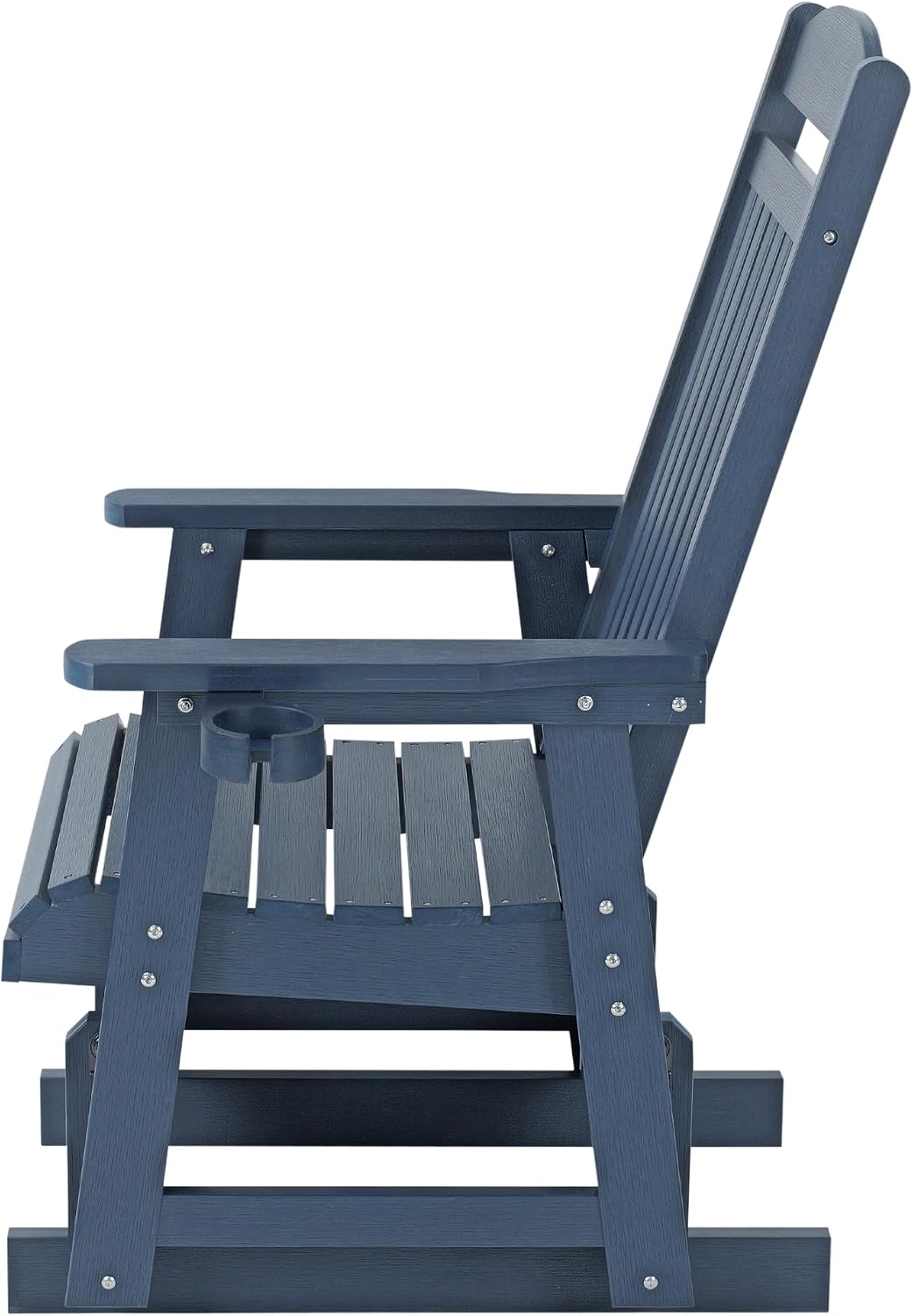 Poly Lumber Patio Glider for One Person, with Cup Holders, High Backrest and Deep Contoured Seat, HIPS Material, All-Weather Resistant, Heavy Duty 700 LBS (Navy Blue)
