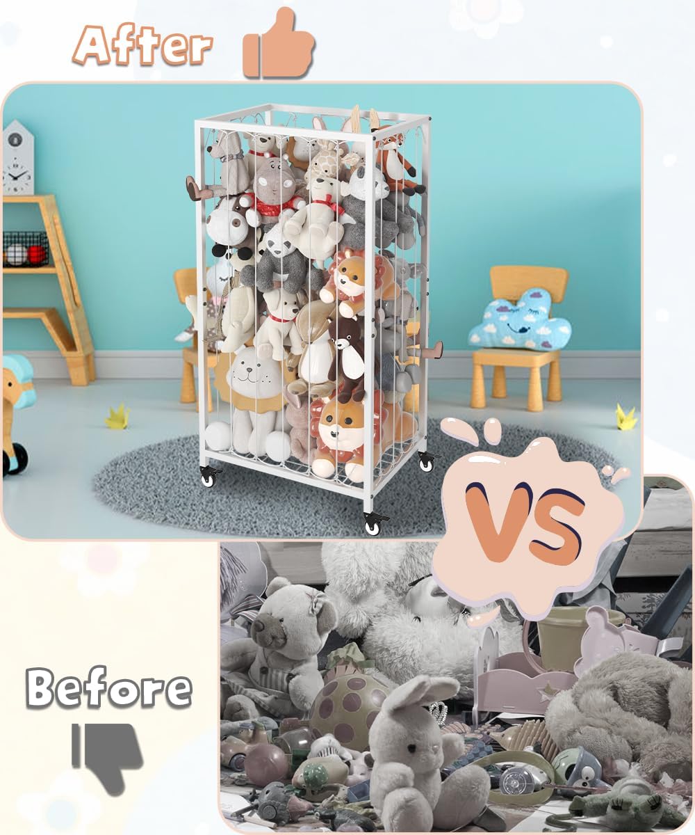 Stuffed Animal Storage Organizer with Wheels, Stuffed Animal Zoo Shelf with Elastic Rope for Nursery, Play Room, Bedroom, Kids Plush Toy Holder for Boys and Girls, White.