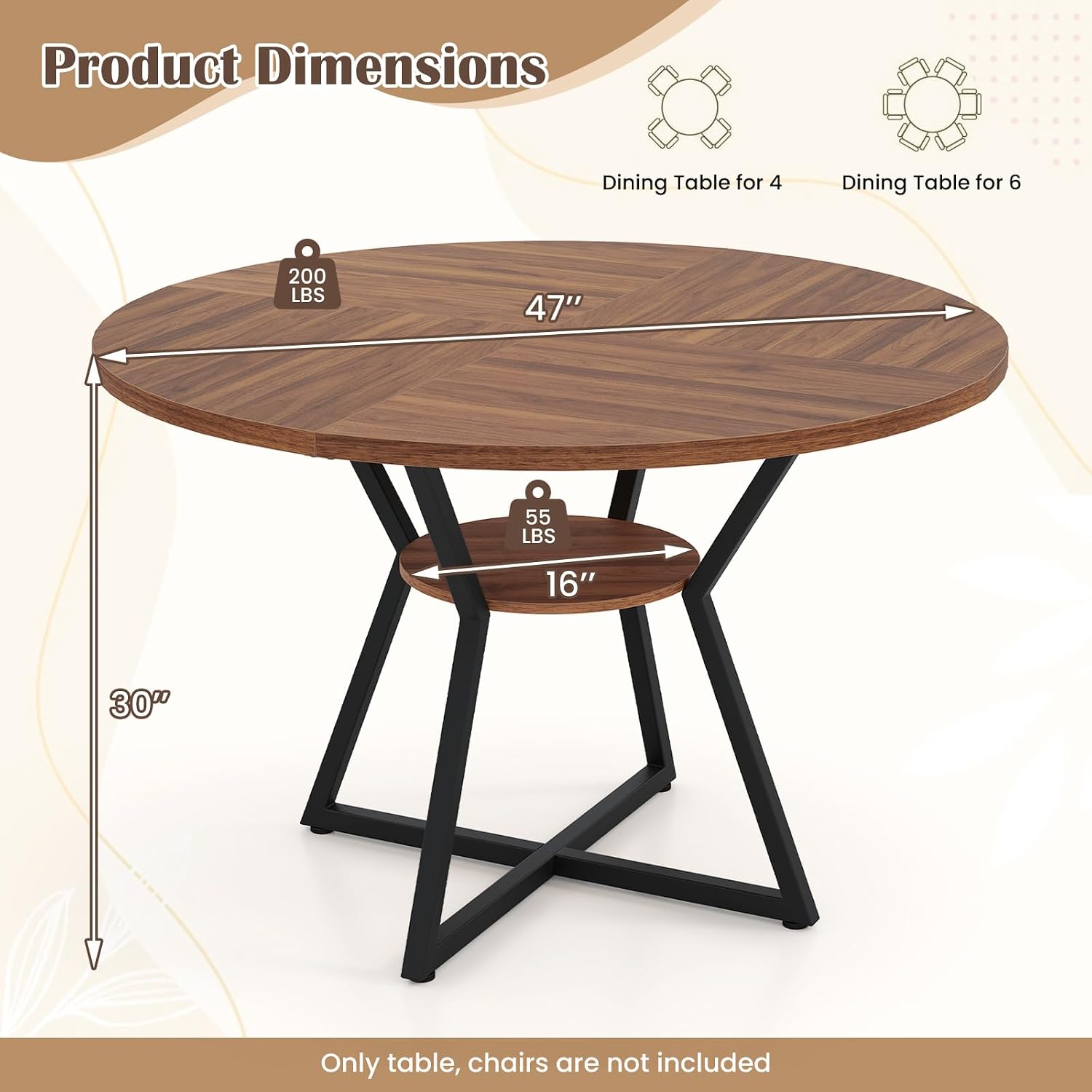 Giantex 47-inches Round Dining Table for 4, Kitchen Table with Storage Shelf, Wood Grain Tabletop, X-Shaped Metal Base, Adjustable Foot Pads, Circle Dinner Tables for Dinette, Living Room