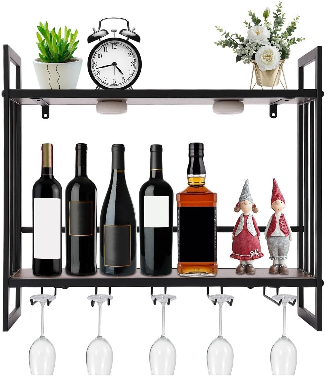 LED Wine Rack Wall Mounted, Wine Bottle Rack, 23.6In Metal Hanging Wine Holder with 5 Stem Glass Holders for Wine Glasses