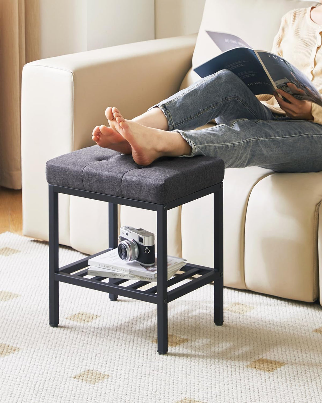 IBUYKE Rectangular Makeup Stool, Linen Seat Vanity Chair, Dark Gray WBD017G | Adjustable Feet Storage Space Footrest Multi-Use Small Side Table Ottoman Bedroom