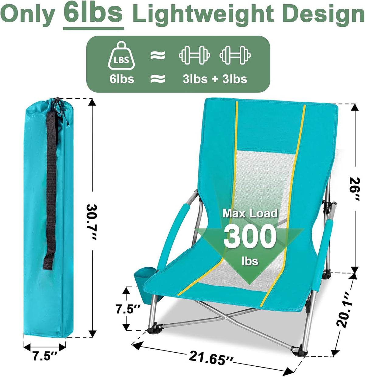 Romswi 2 Pack Lightweight Low Beach Chairs with Breathable Mesh Back,6LBS Folding Portable Sand Chairs with Cup Holder, Heavy Duty 300lbs Capacity for Camping & Outdoor Use,Green
