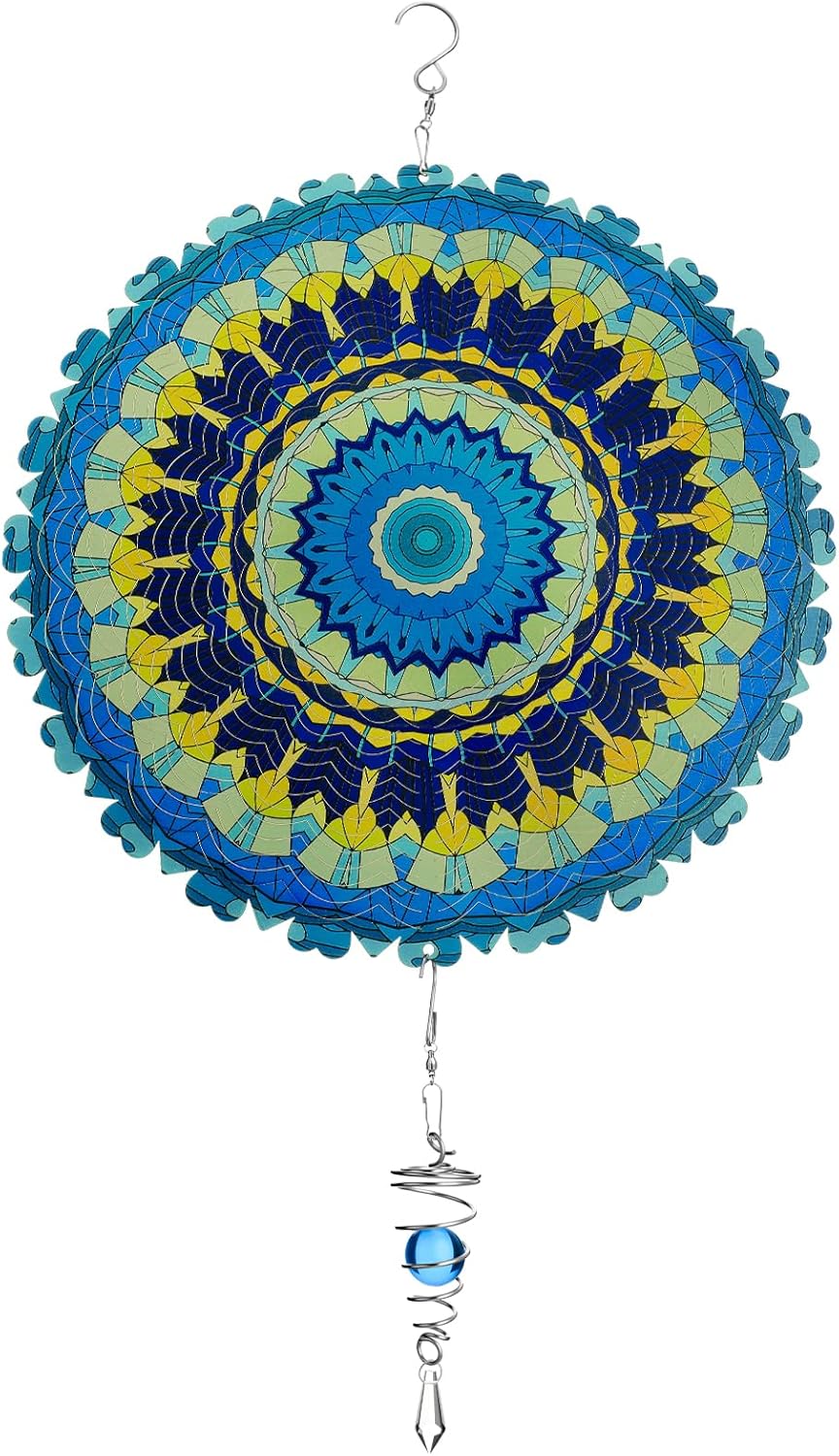 12 Inch Mandala Wind Spinners with Gazing Ball Spiral Tail, Outdoor 3D Stainless Steel Hanging Spinner Mandala Wind Catchers Sculpture for Indoor Outdoor Garden Yard Decoration(Blossom)