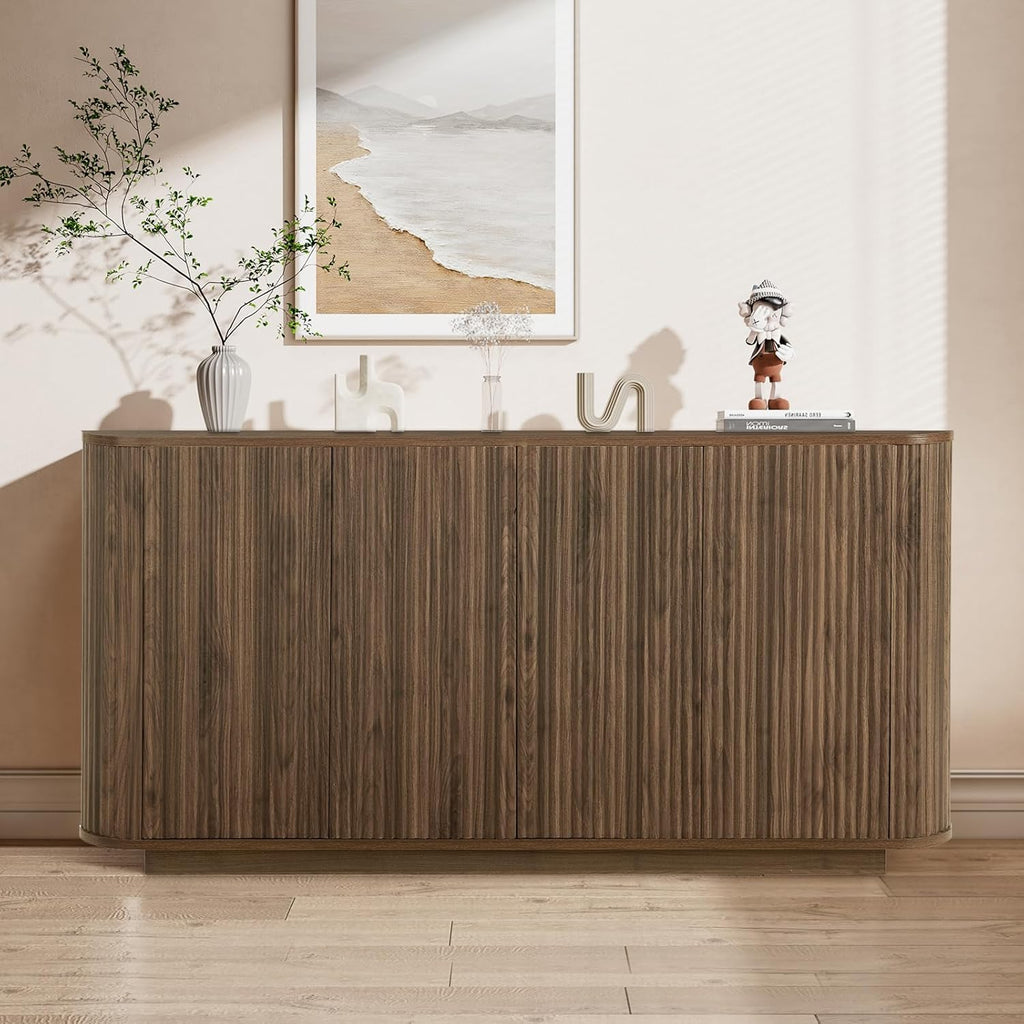 64" Sideboard Buffet Cabinet with Fluted Accent and Adjustable Shelves, Modern Wood Media Console Coffee Bar for Living Room, Kitchen or Dining Room, 64W x 31.5H Inches, Walnut