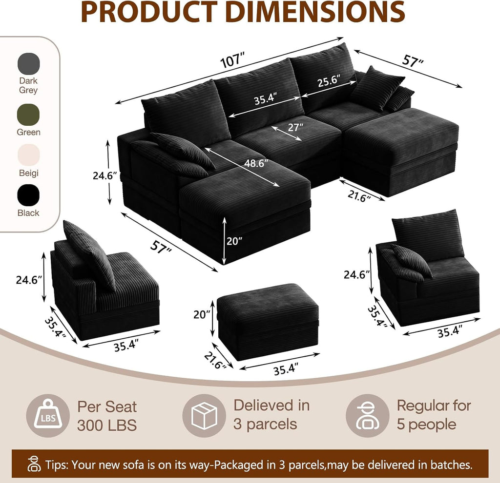 107" Modular Sectional Sofa Couch with Storage,U-Shape 3 Seat Comfy Modern Cloud Couch Sofa with Ottoman, 27" Deep Seat Corduroy Sofa for Living Room, Tool-Free Assembly - Black