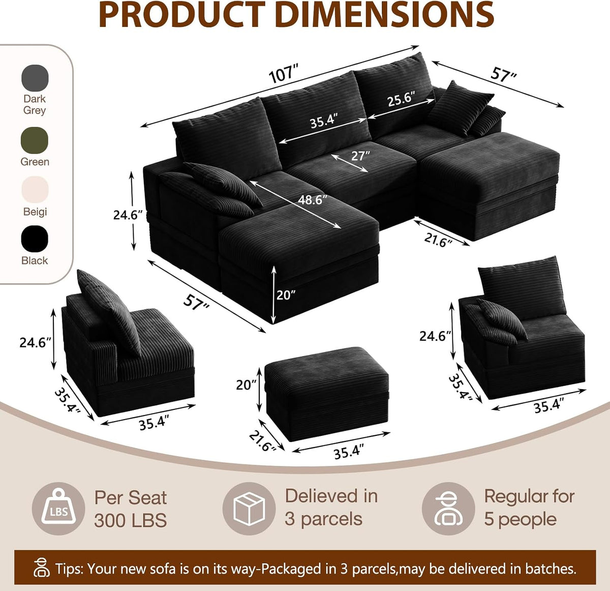 107" Modular Sectional Sofa Couch with Storage,U-Shape 3 Seat Comfy Modern Cloud Couch Sofa with Ottoman, 27" Deep Seat Corduroy Sofa for Living Room, Tool-Free Assembly - Black