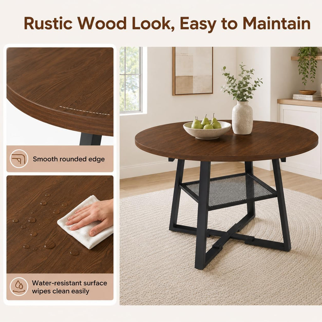 Round Extendable Dining Table, 47.2 to 59 Inch Kitchen Table for 4 to 6 People, Farmhouse Dining Room Table with Metal Mesh Storage Shelf, Walnut Wood Grain Top for Small Spaces Apartment