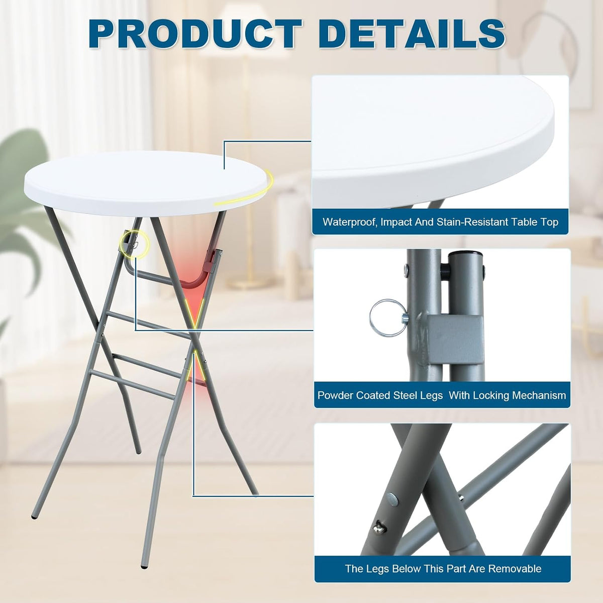 28” Round Folding Bar Table, High Top Cocktail Table with Locking Mechanism, HDPE Waterproof Stain-Resistant Top, Indoor Outdoor Patio Garden Party, White, 2 PCS