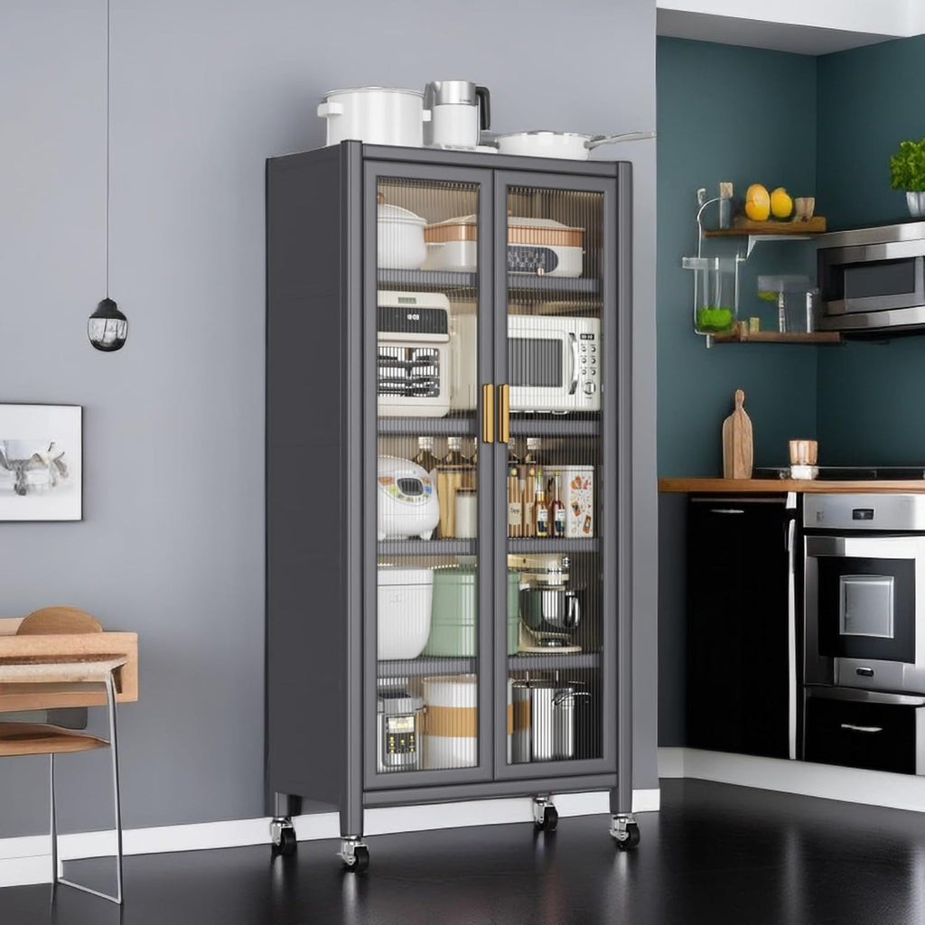 Metal Kitchen Pantry Storage Cabinet on Locking Casters, Double Ribbed Glass Doors, Multi Shelf Organizer for Microwave Appliances, Countertopware, Dining Room, Laundry, Garage (Grey)