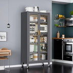 Metal Kitchen Pantry Storage Cabinet on Locking Casters, Double Ribbed Glass Doors, Multi Shelf Organizer for Microwave Appliances, Countertopware, Dining Room, Laundry, Garage (Grey)