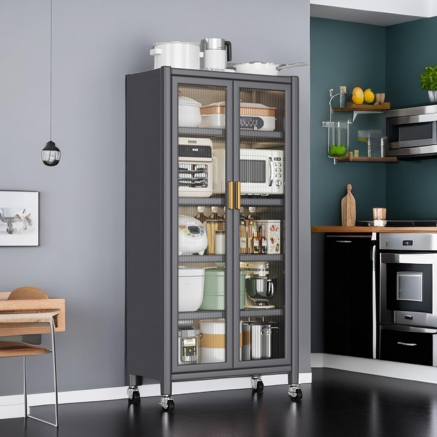 Metal Kitchen Pantry Storage Cabinet on Locking Casters, Double Ribbed Glass Doors, Multi Shelf Organizer for Microwave Appliances, Countertopware, Dining Room, Laundry, Garage (Grey)