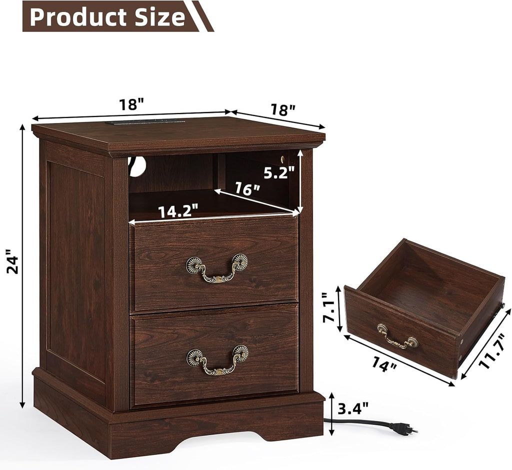 Farmhouse Night Stand with Charging Station, Walnut | 2 Drawers End Tables Bedroom, Bedside Table with Rustic Handles & Floor-Standing Thickened Foot & Open Shelf