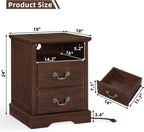 Farmhouse Night Stand with Charging Station, Walnut | 2 Drawers End Tables Bedroom, Bedside Table with Rustic Handles & Floor-Standing Thickened Foot & Open Shelf
