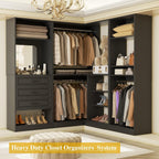 Unikito 86" Wood Modular Corner Closet System with Drawers & Mirror, Black | Freestanding wardrobe organizer with hanging rods and adjustable shelves, walk-in closet garment rack storage tower.