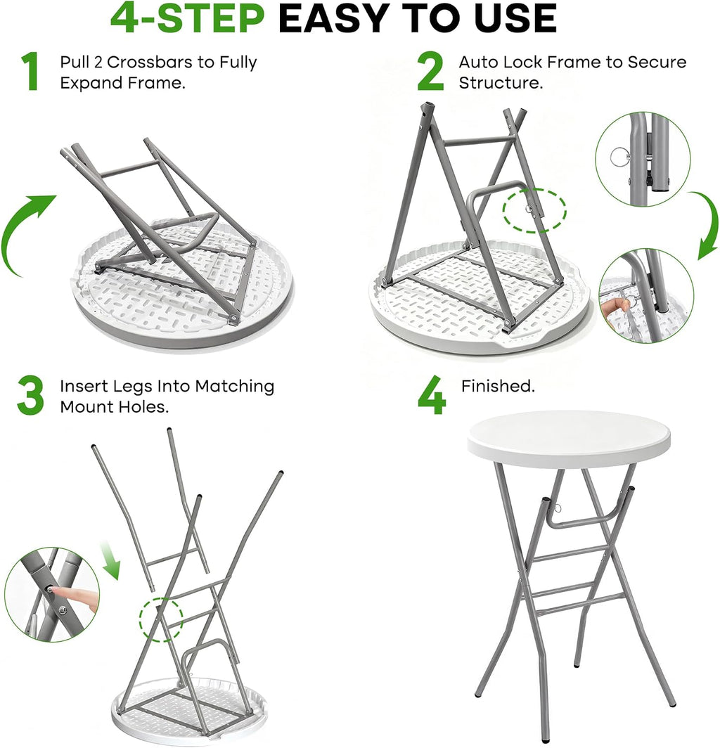 VECELO 28" Round Cocktail Table, Folding Bar Height Table with Removable Legs, 43.3" Tall Portable Plastic Bistro High Top for Indoor Outdoor Wedding Events, Patio, Backyard, Home Parties, White