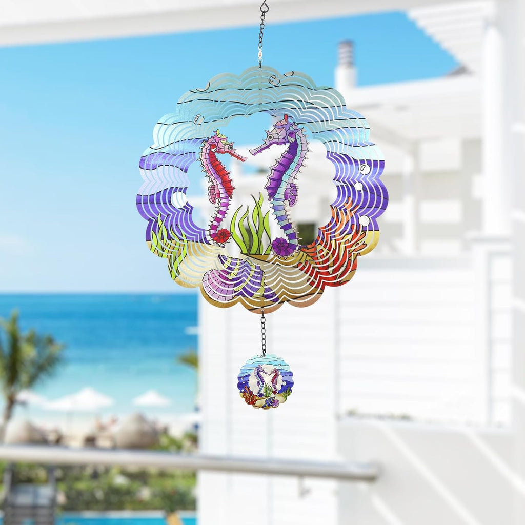Seahorse 3D Wind Spinner Kinetic Metal Art Hanging Wind Spinner Outdoor Decoration Ocean Ornaments Decor for Yard and Garden