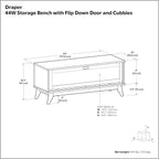 SIMPLIHOME Draper Storage Bench - 44 inch Wide Solid Wood Entryway Bench in Teak Brown, Mid Century Hallway Bench for Living Room with Flip-Down Door and 3 Cubbies