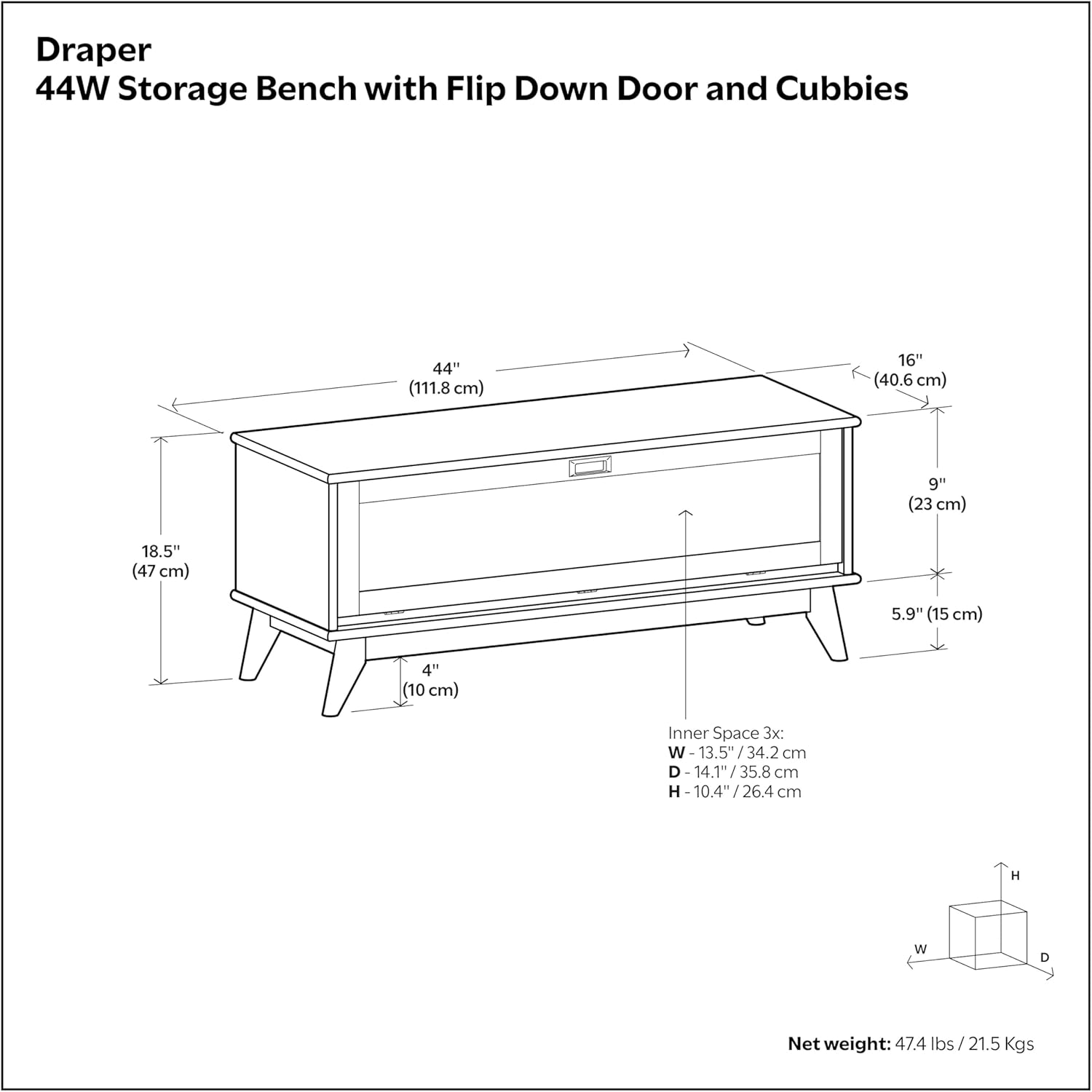 SIMPLIHOME Draper Storage Bench - 44 inch Wide Solid Wood Entryway Bench in Teak Brown, Mid Century Hallway Bench for Living Room with Flip-Down Door and 3 Cubbies