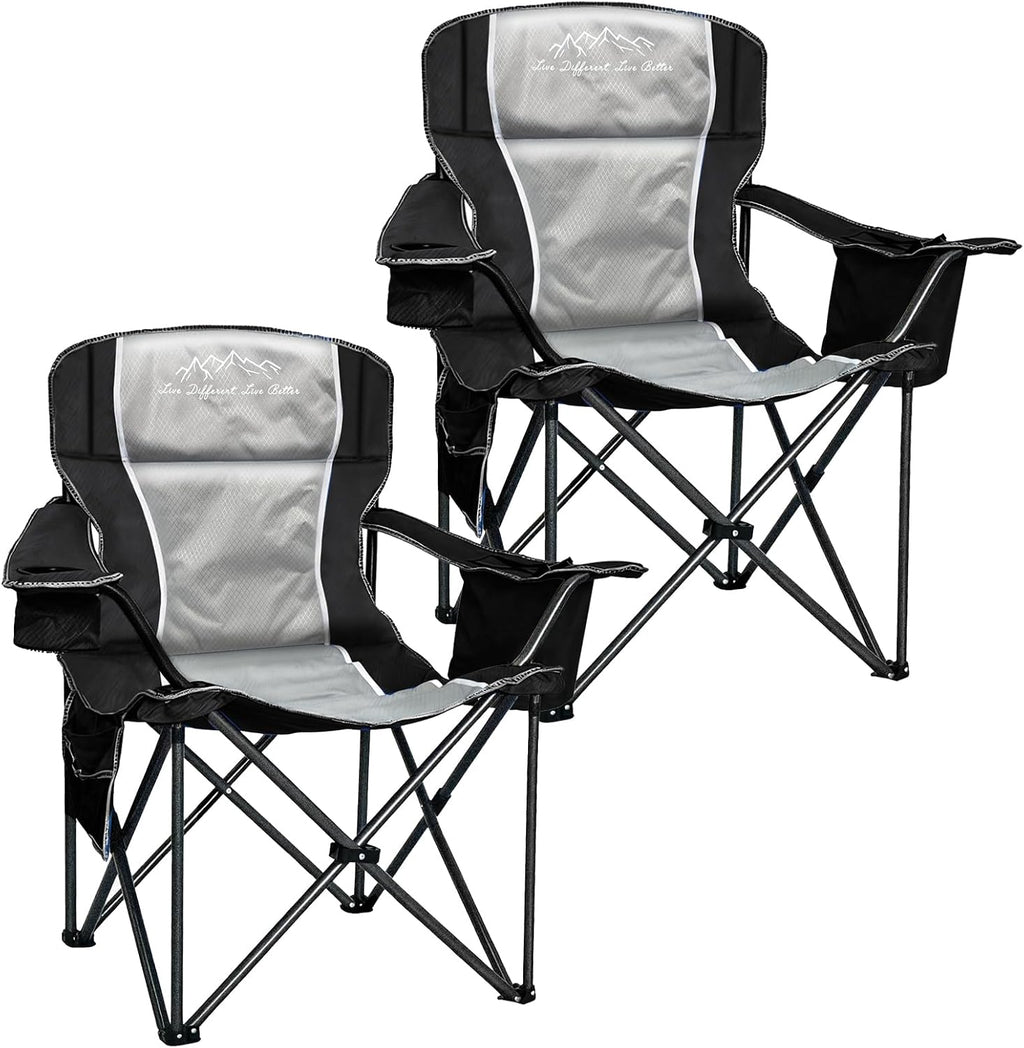 Oversized Camping Chair 500lbs Capacity for Big and Tall, 2 Pack Extra Wide Padded Folding Chair for Heavy People, Heavy Duty Portable Outside Chair with Cooler Bag & Cup Holder, Black