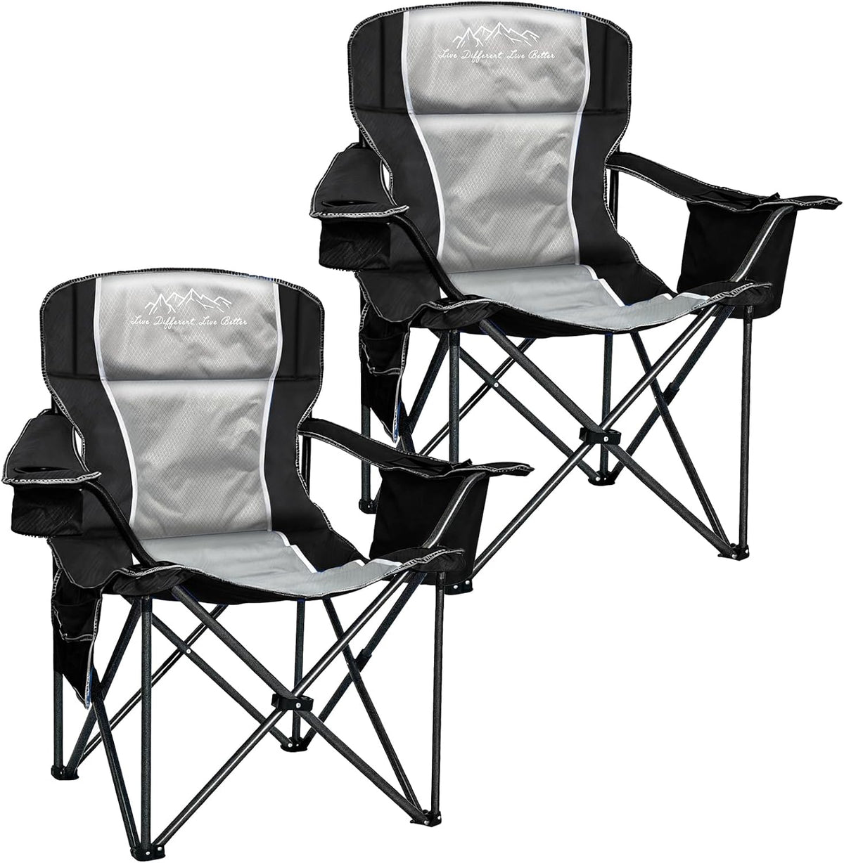 Oversized Camping Chair 500lbs Capacity for Big and Tall, 2 Pack Extra Wide Padded Folding Chair for Heavy People, Heavy Duty Portable Outside Chair with Cooler Bag & Cup Holder, Black