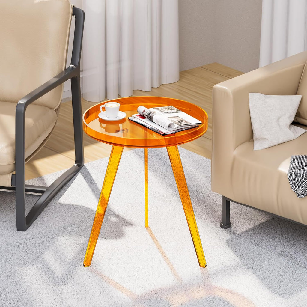 Clear Acrylic Side Table, Round End Table Bedside Table for Living Room Bedroom (Orange)