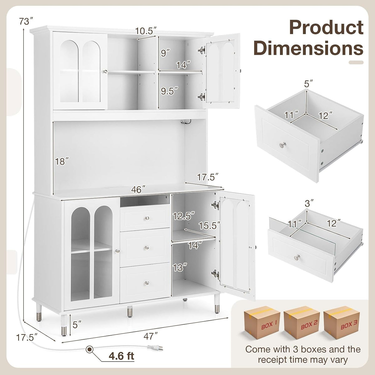 LOKO 73'' Kitchen Pantry Storage Cabinet, Freestanding Buffet Cabinet with LED Lights & Power Outlets, Kitchen Hutch with Microwave Stand, Adjustable Shelves, Doors and Drawers, for Dining Room, White