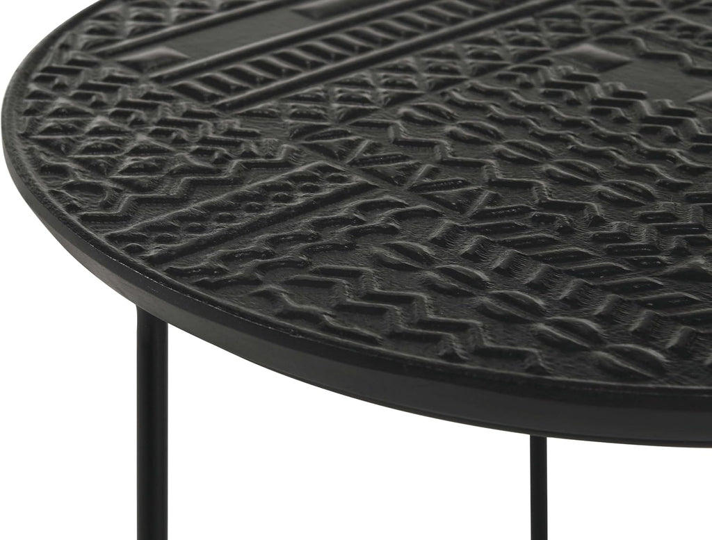 20" Sturdy Metal Frame Nesting Coffee Table, Boo Coffee Table with Embossed Tribal Pattern, Nesting Side Tables with Mango Wood top for Modern Indoor Spaces, Black