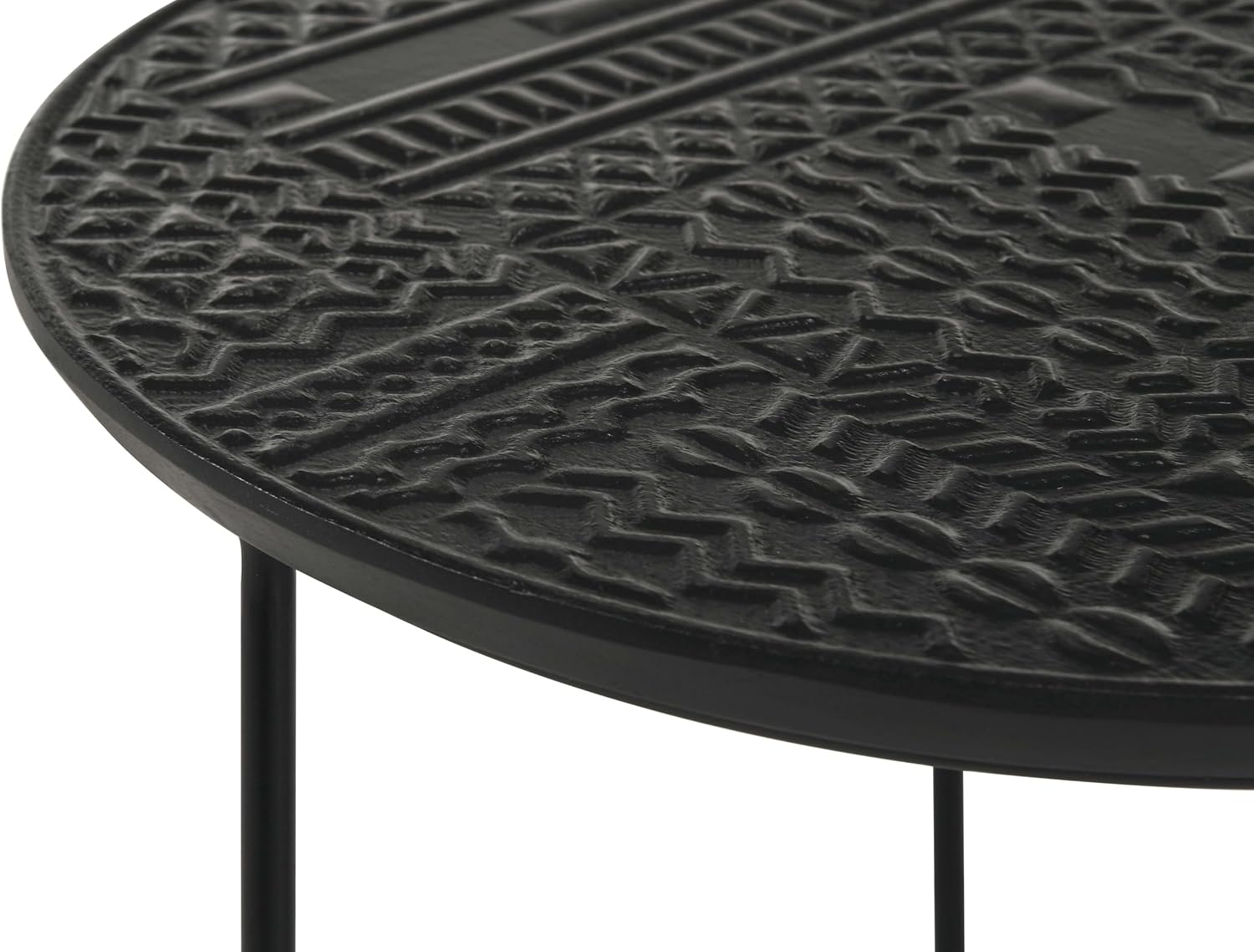 20" Sturdy Metal Frame Nesting Coffee Table, Boo Coffee Table with Embossed Tribal Pattern, Nesting Side Tables with Mango Wood top for Modern Indoor Spaces, Black