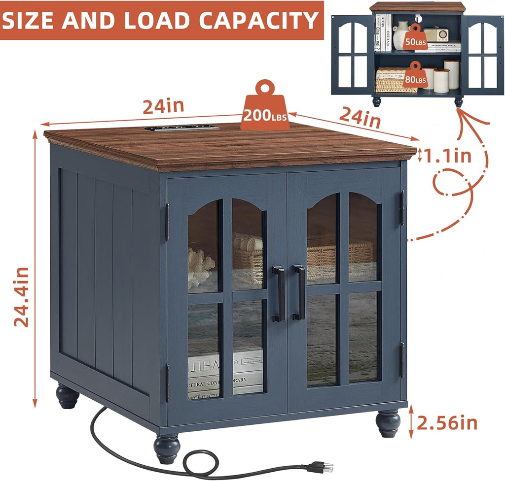 RWYHG Farmhouse End Table Set of 2 with Charging Station, 18'' Narrow Side Table and 24" Large Sofa Side Table with Glass Barn Door Storage, Wood Night Stand Bedside Table for Living Room,Bedroom