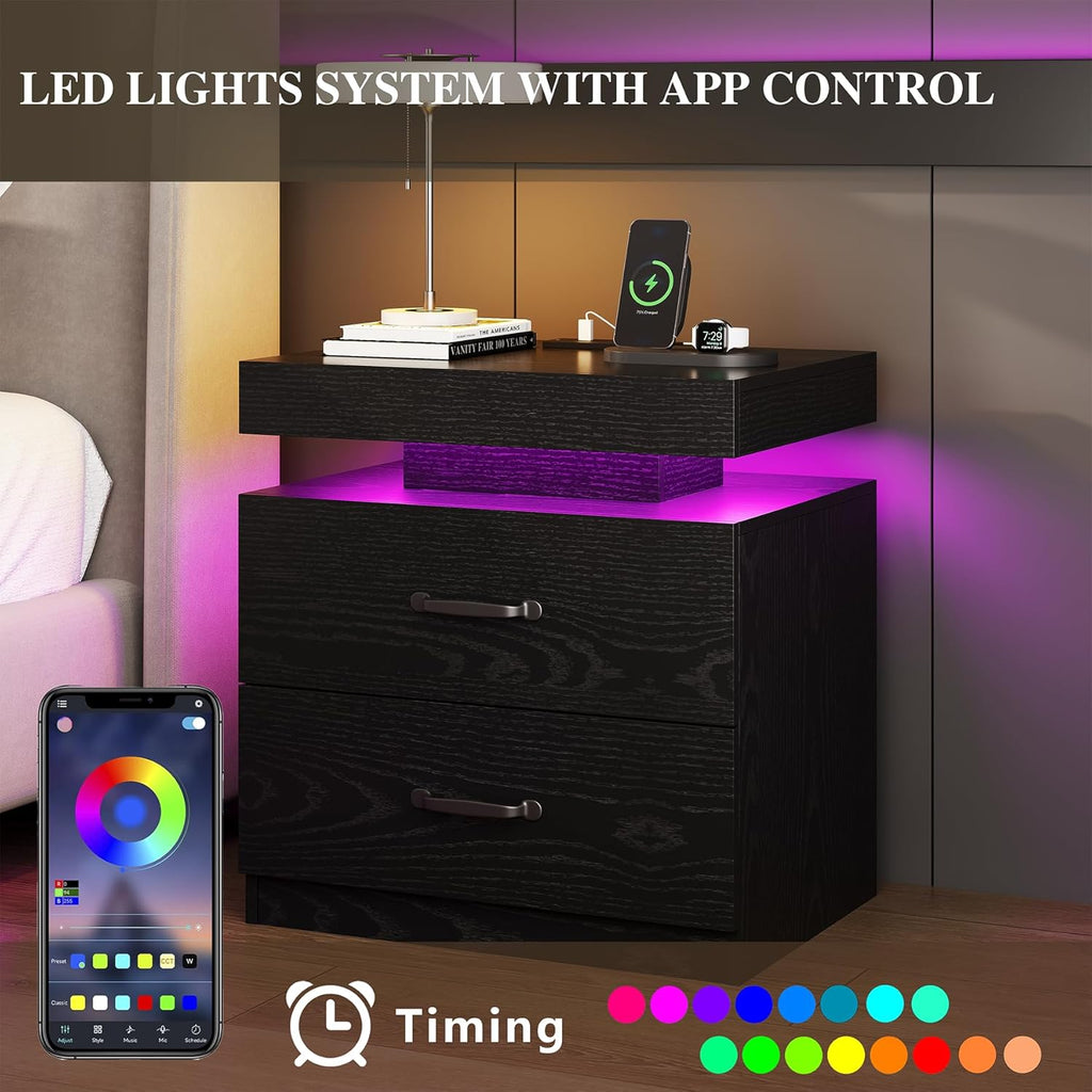 Black Nightstand with Charging Station, Modern Night Stand with LED Lights, End Table Bedside Table with 2 Drawers for Bedroom, Living Room