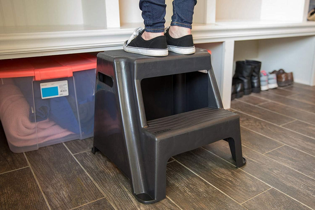 Rubbermaid 2-Step Plastic Stool, 300 lb Capacity, Lightweight, Black | Slip-resistant treads, Non-marring feet, Large standing platform, Cutout carry handles, No assembly required
