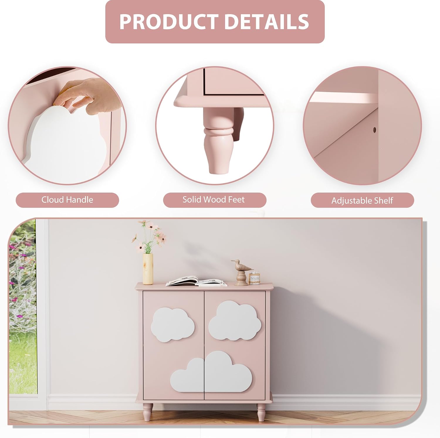 Anbuy Sideboard Buffet Cabinet with Storage 2 Doors, 31.5'' Cloud Buffet with Decoration, Scalloped Coffee Bar with Adjustable Shelf for Kitchen, Living Room (Pink & White)