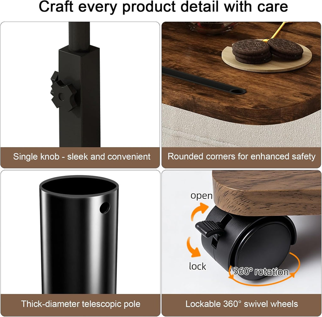 Adjustable TV Tray Side Table 360°Swivel Rolling, Rustic Brown | Adjustable Height, C Shaped, Snack End Table, Wheels, Tablet Slot, Slide Under Sofa, For Small Spaces Living Room Couch Bed